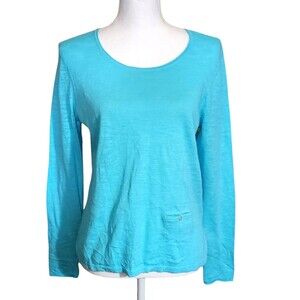 J. Jill Pullover Sweater Long Sleeve Gauzy Linen Blend Pocket Aqua Blue Size XS